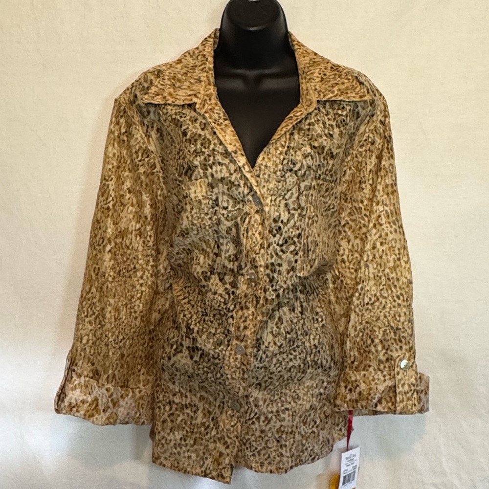 A-121 Ruby Rd. NWT PLUS SIZE 16W Cream & Brown 3/4 Sleeve Button Down Blouse